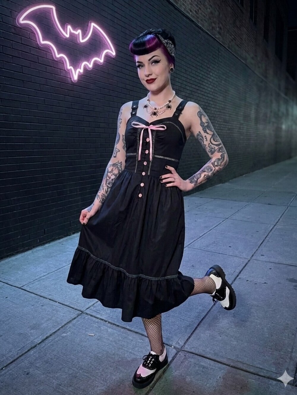 Vintage Black & Pink Trim Midi Ruffle Dress, VGUC, Approximate Size 2